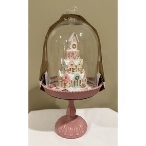 34th & Pine Sugar Gingerbread Castle House in Cloche Pastel Pink Glass Dome